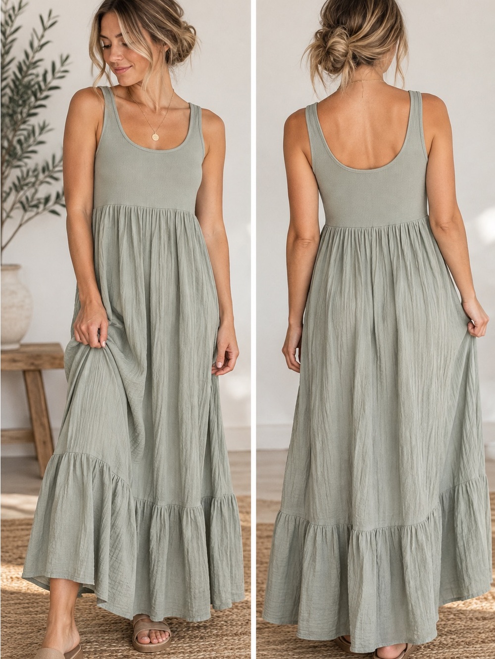 NWT Salty Lemon Ribbed Tank Maxi Dress Artichoke Green Tiered Boho Coastal 1XL